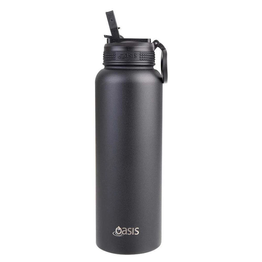 Wheel and Barrow 1.1L Black Oasis Water Bottle with Sipper Straw - Insulated Leak Proof BPA Free