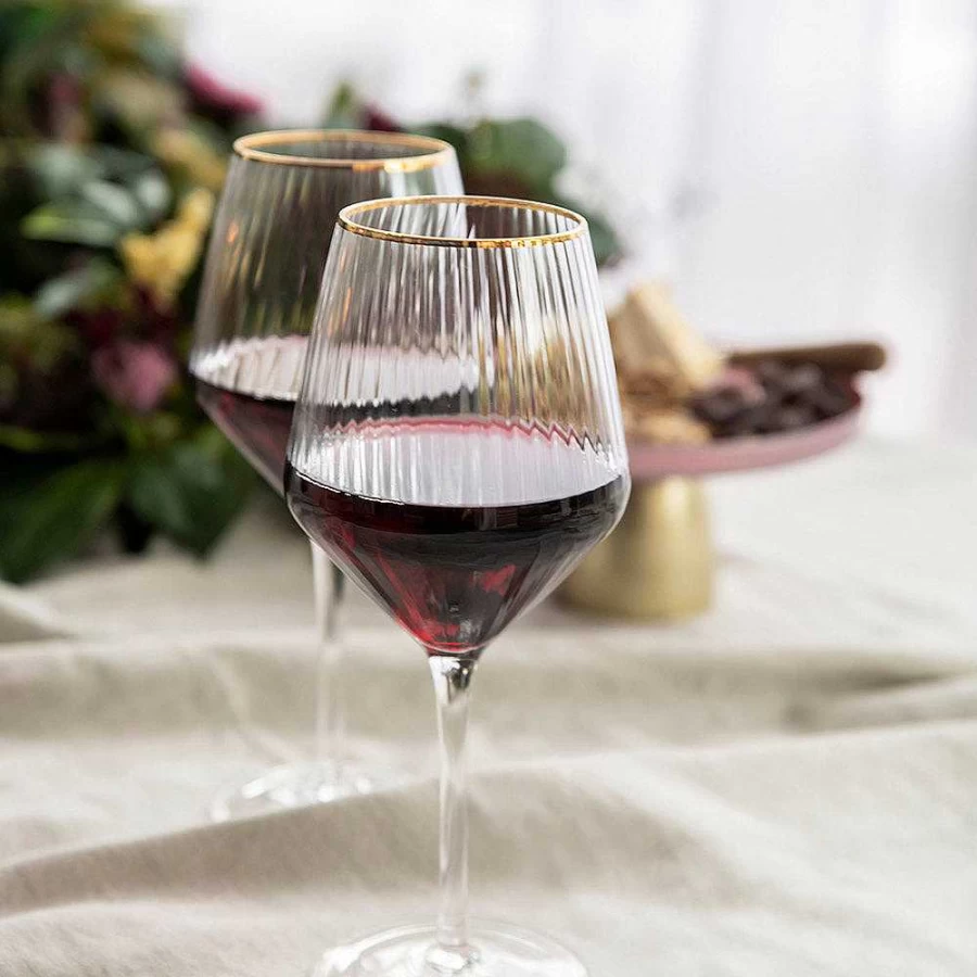 Wheel and Barrow Premium Optic Wine Glass with 24K Gold Rim - 720mL Large Crystal Clear Glass for Red and White Wine - Elegant Stemware for Gifts and Entertaining