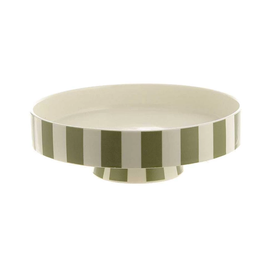 Wheel and Barrow Footed Ceramic Bowl - 22cm Diameter Olive & White Striped Decorative Serving Dish