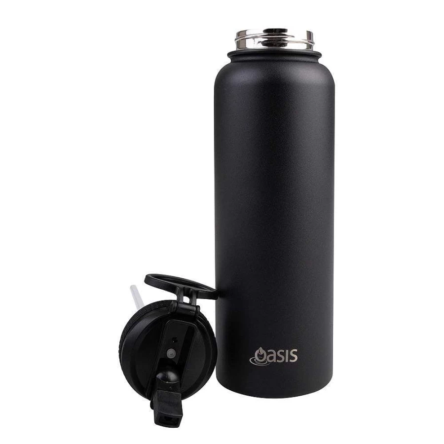 Wheel and Barrow 1.1L Black Oasis Water Bottle with Sipper Straw - Insulated Leak Proof BPA Free