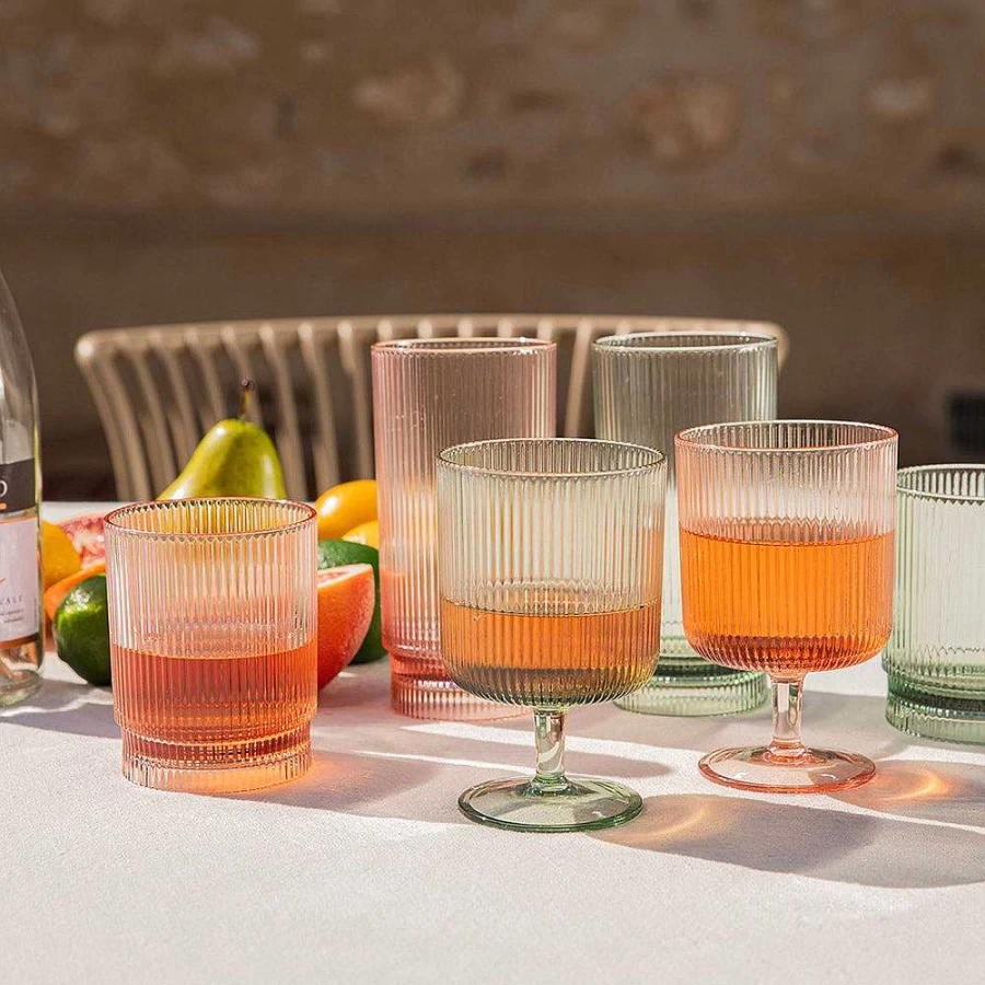 Wheel and Barrow Pink Acrylic Ribbed Highball Glass - 410ml, Shatterproof Barware, Retro Cocktail Drinkware