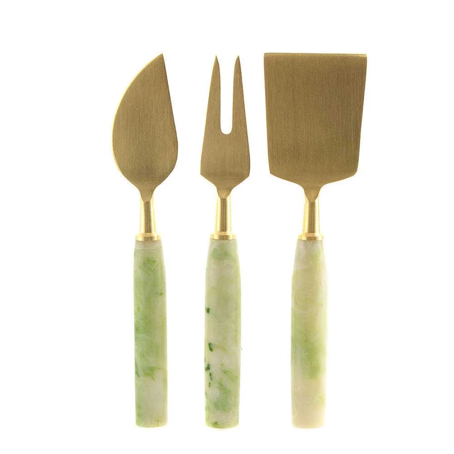 Wheel and Barrow 3-Piece Gold Cheese Knife Set with Green Resin Handles for Gourmet Cheese Serving