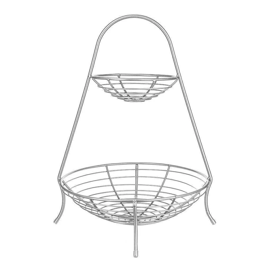 Wheel and Barrow 2-Tier Silver Wire Fruit Basket - 37x35x49cm Kitchen Storage Organizer