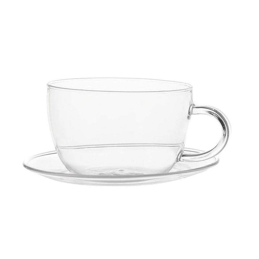 Wheel and Barrow Glass Tea Cup and Saucer Set - 350ml Clear Elegant Teacup with Dish for Afternoon Tea