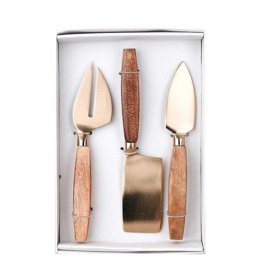 Wheel and Barrow 3-Piece Gold Cheese Knife Set with Wooden Handle - Elegant Cheese Cutlery