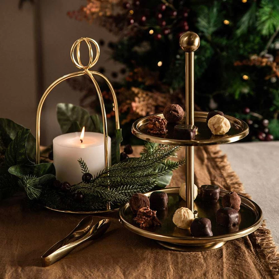 Wheel and Barrow 1-Tier Champagne Gold Serving Stand with Handle - Elegant Display Tray for Desserts and Drinks