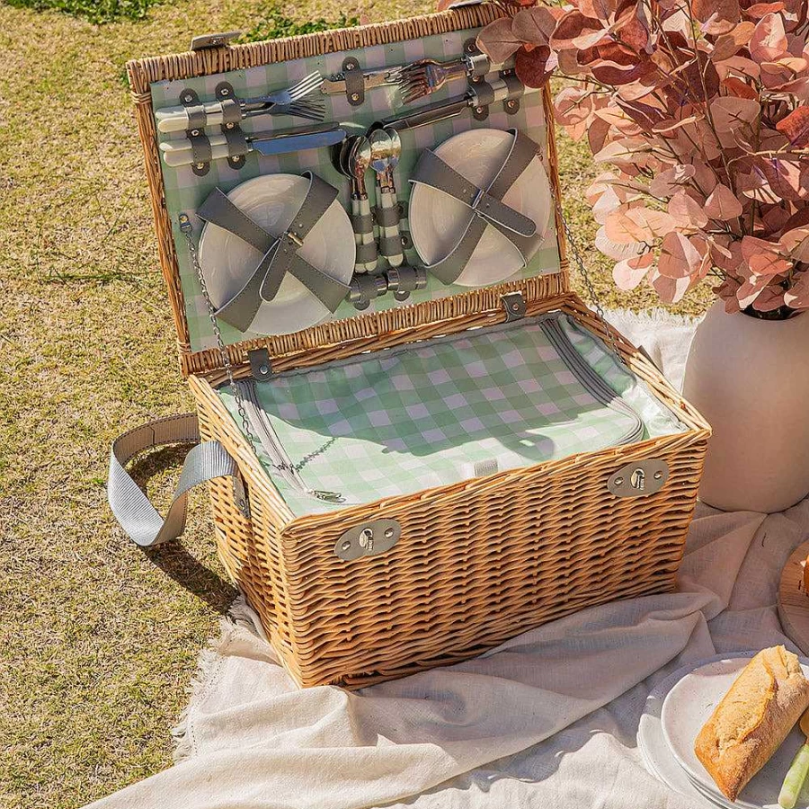 Wheel and Barrow 6-Person Picnic Basket - Natural Wicker with Green Gingham Lining - Large Outdoor Picnic Hamper for Family & Friends