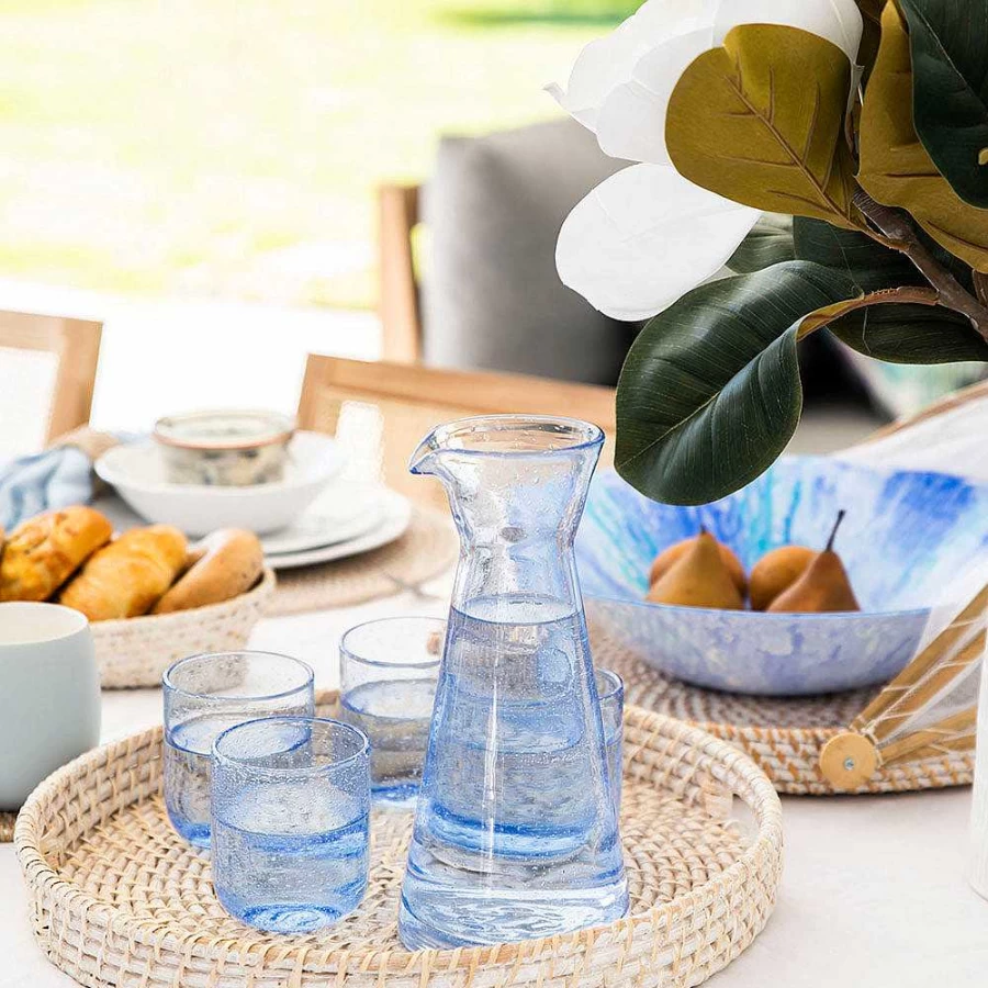 Wheel and Barrow Blue Bubble Glass Carafe - 985ml Elegant Pitcher for Water or Juice