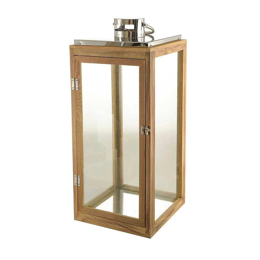 Wheel & Barrow Glass Hurricane Lantern with Wooden Base, Metal Frame & Handle - 63cm x 27cm Rustic Home Decor