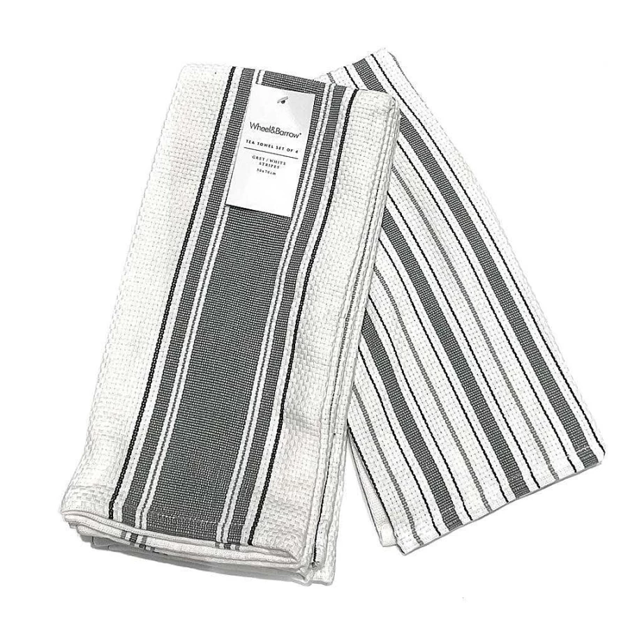 Wheel & Barrow 4-Piece Grey and White Striped Tea Towel Set - Premium Kitchen Linens