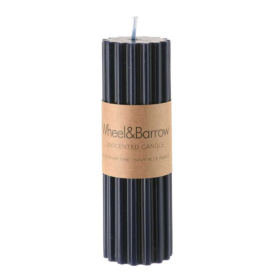 Wheel & Barrow Navy Blue Ribbed Pillar Candle - 5cm x 15cm Handmade Decorative Scented Candle for Home & Gifts