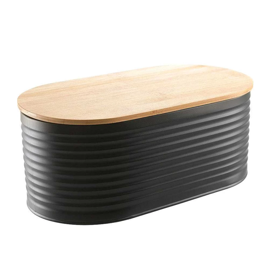 Wheel and Barrow Black Metal Bread Bin with Bamboo Lid - 34x19x13cm Kitchen Storage Container for Fresh Bread