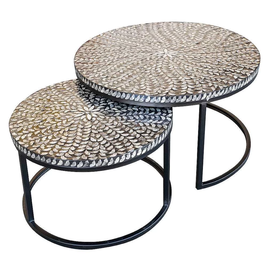 Wheel and Barrow Capiz Inlay Coffee Table with Black and White Leaf Design - 80x45cm Large Size Modern Living Room Furniture