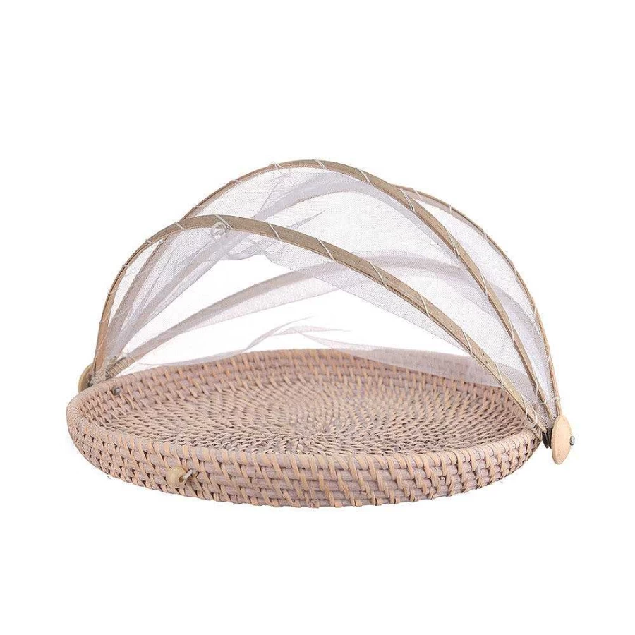 Wheel and Barrow 35Cm Rattan Base Mesh Food Cover - Breathable Kitchen Food Protector for Flies and Insects