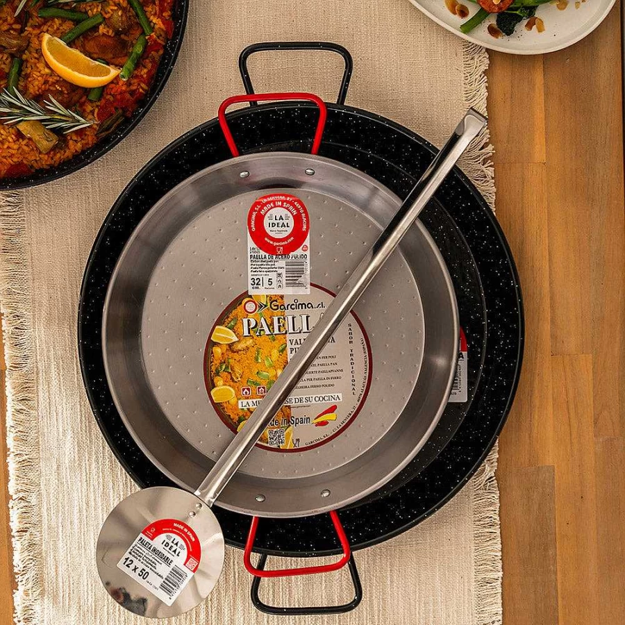 "Wheel and Barrow Stainless Steel Paella Skimmer 12x50cm – Large Professional Kitchen Tool for Perfect Rice Dishes"