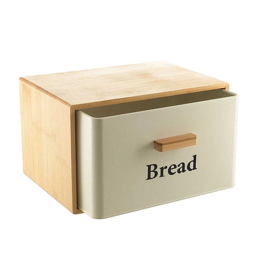Wheel and Barrow White Metal Bread Bin with Bamboo Cover - 30x23x18cm Kitchen Storage Container