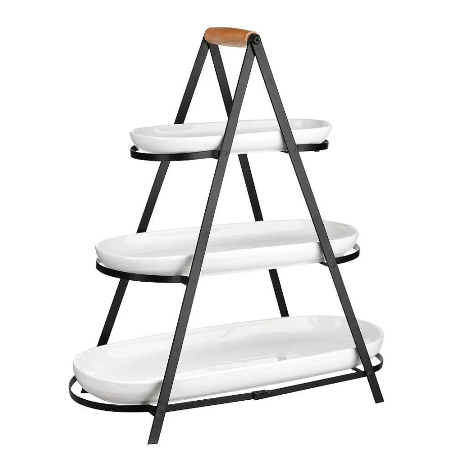 Wheel and Barrow 3-Tier Black Oblong Serving Stand with White Platters - 51x25x55cm Kitchen Dining Display Tray