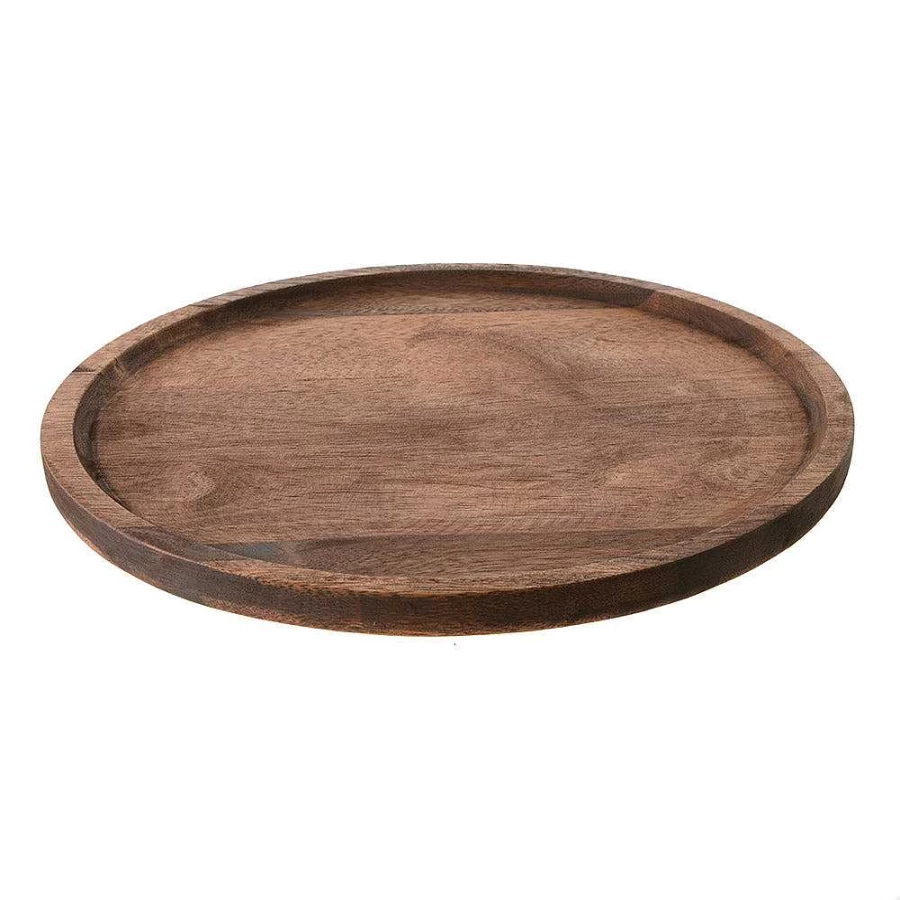 "Wheel & Barrow Acacia Wood Round Serving Tray - 33cm Dark Brown Natural Wooden Platter"