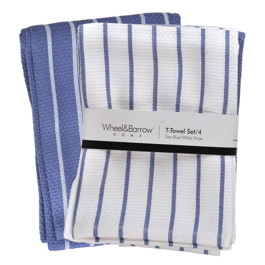 Wheel and Barrow 4-Piece Sea Blue and White Striped Tea Towel Set - Kitchen Linens