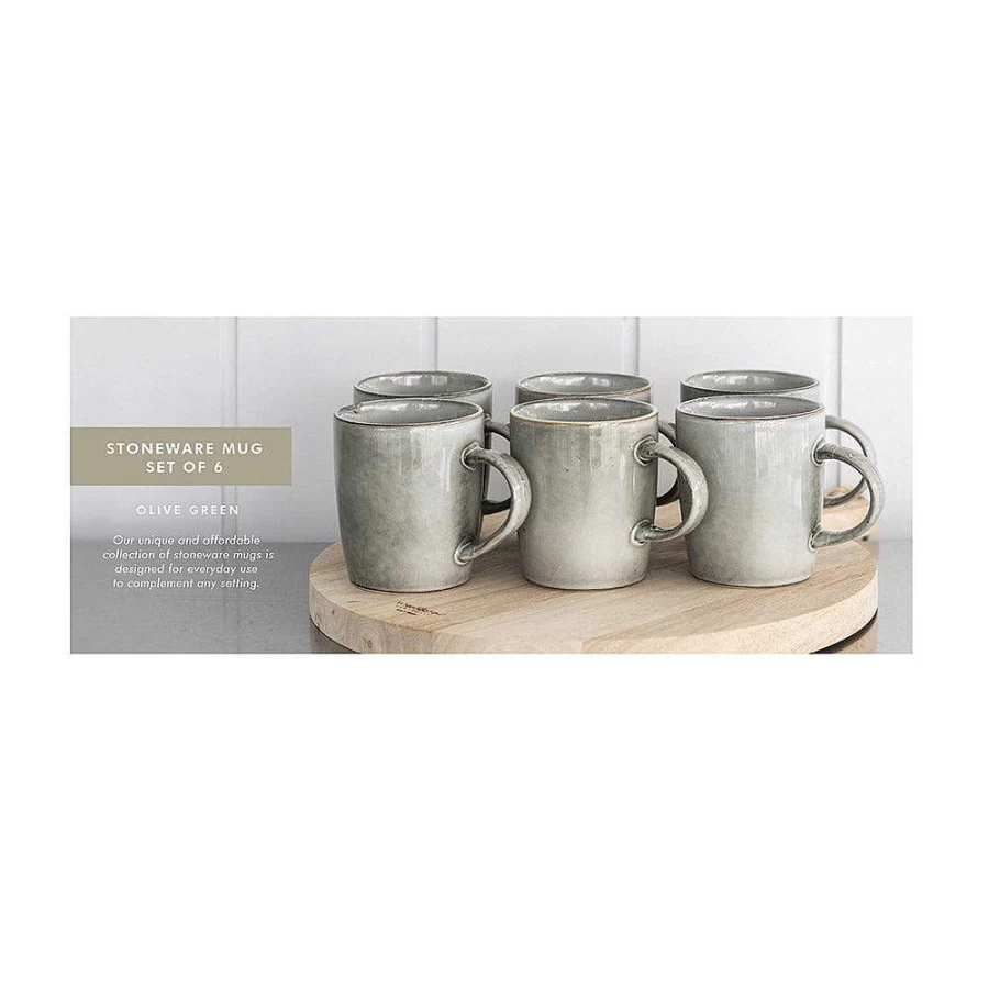Wheel and Barrow 6-Piece Stoneware Mug Set in Olive Green - Durable Ceramic Coffee Cups for Home & Office