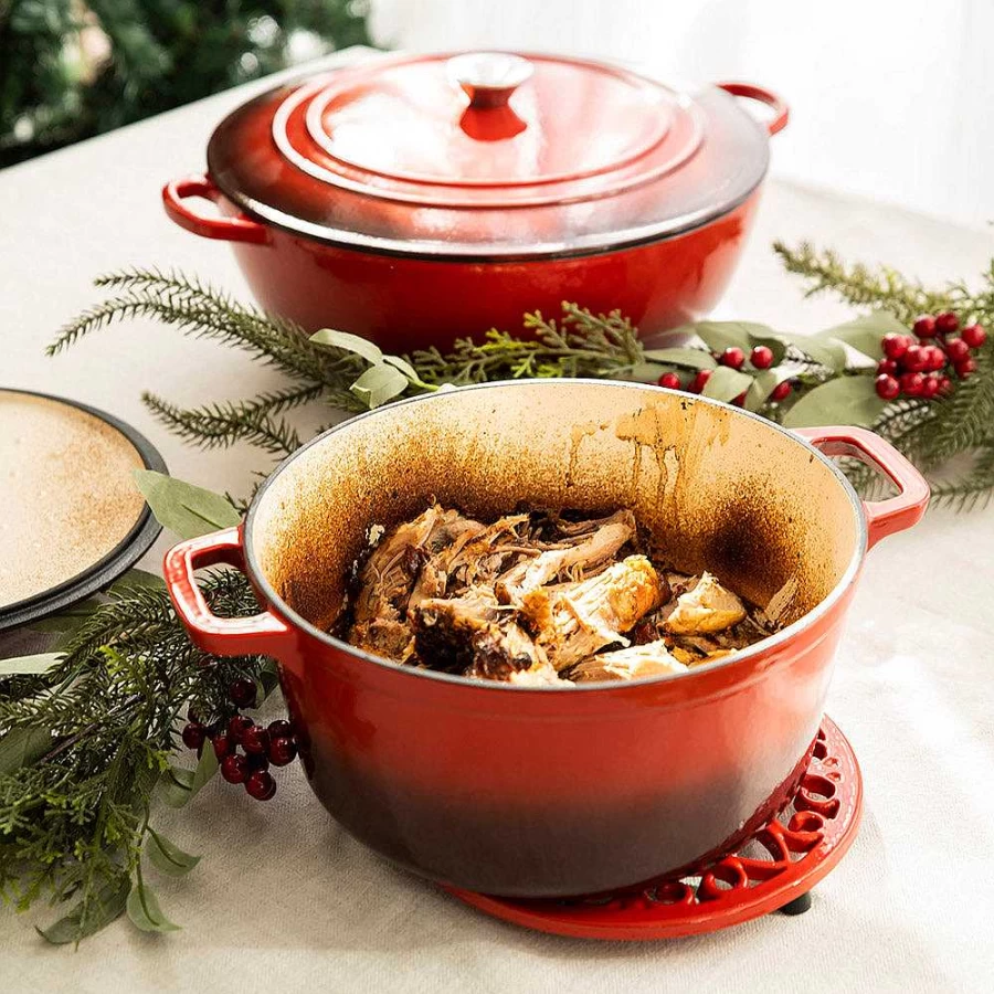 Wheel and Barrow 4.6L Red Enameled Cast Iron Dutch Oven Pot