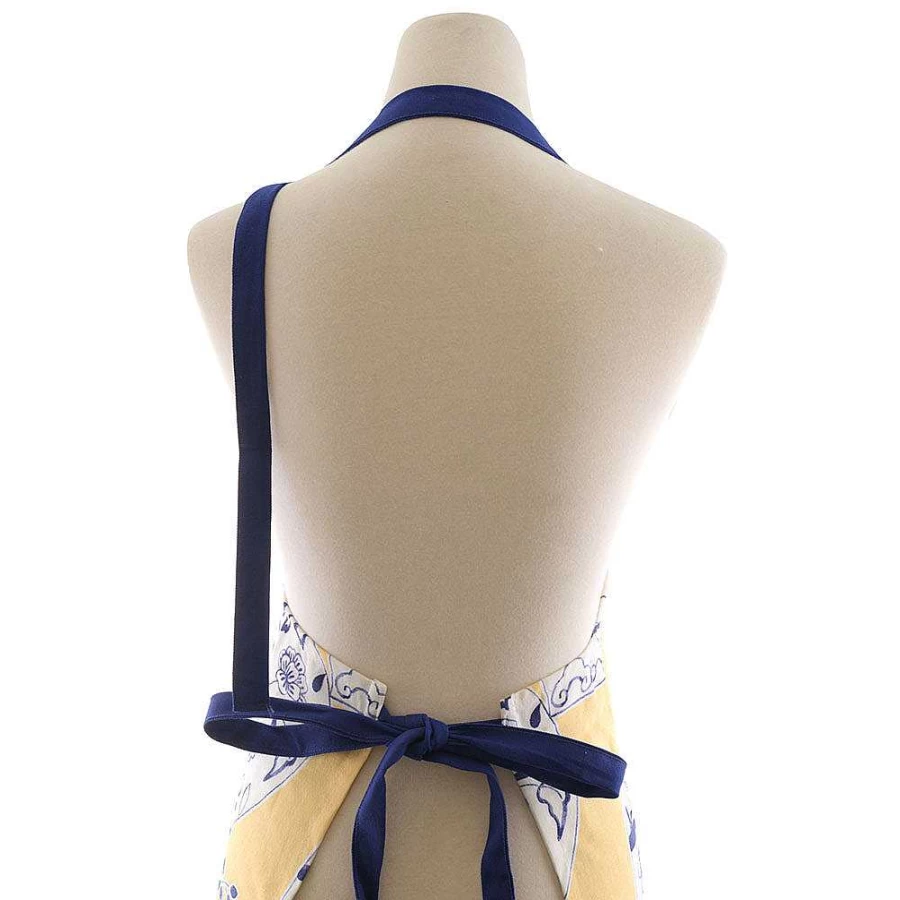 Wheel and Barrow Blue White Yellow Apron with Vintage Teapot Print - Kitchen Cooking Bib with Pockets