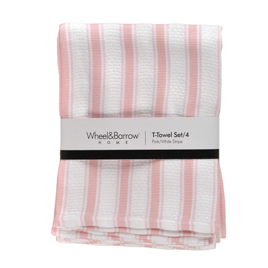 Wheel and Barrow 4-Piece Pink and White Striped Tea Towel Set - Premium Kitchen Linens
