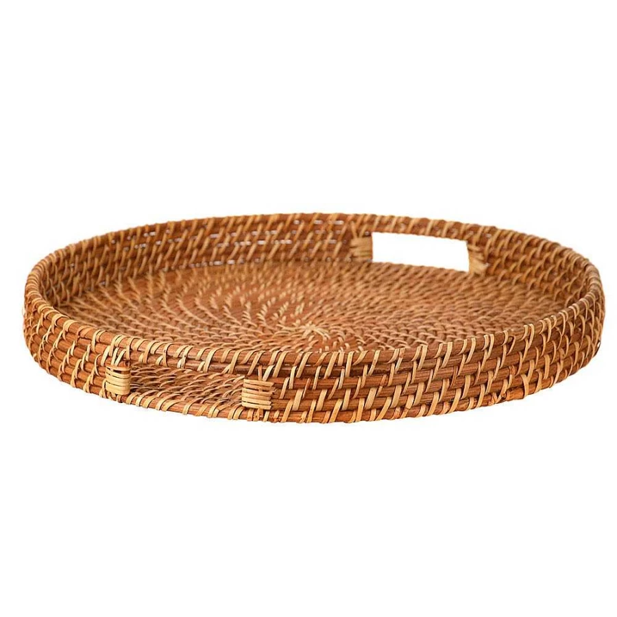 "Wheel & Barrow Large Honey Brown Round Rattan Tray with Handles – 45cm x 35cm"