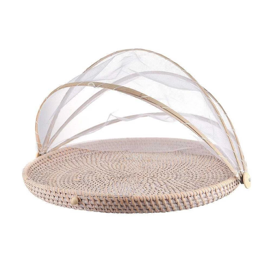 Wheel and Barrow 45Cm Rattan Base Mesh Food Cover for Outdoor Dining and Insect Protection