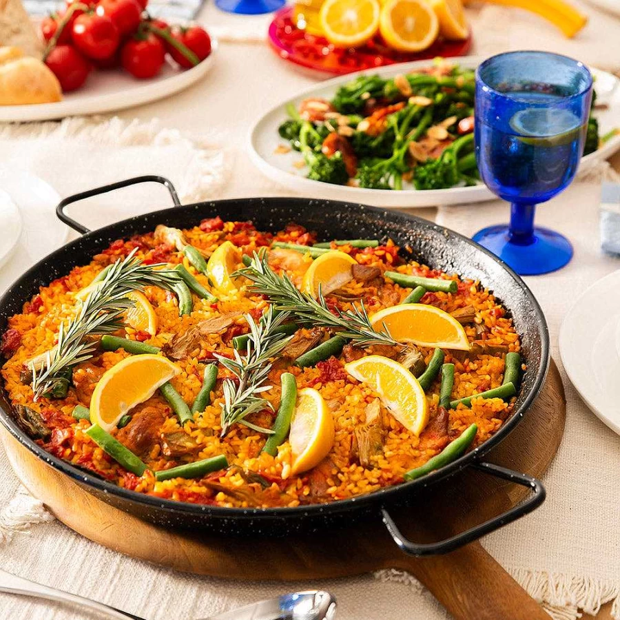 Wheel and Barrow 36cm Enamel Paella Pan - Large Spanish Carbon Steel Cooking Pan for Gas, Induction, Oven - Rust-Resistant Non-Stick Sauté Pan with Wooden Handle