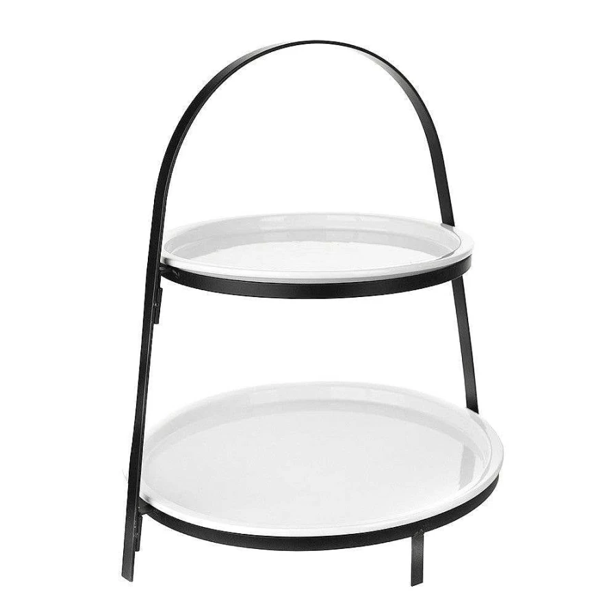 Wheel and Barrow 2-Tier Round Serving Stand with White Plates - 33cm x 28cm x 35cm Black Modern Display Tray