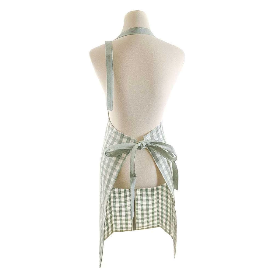 Wheel and Barrow Green Gingham Apron with Solid Pocket and Adjustable Ties - 70x90cm Kitchen Bib