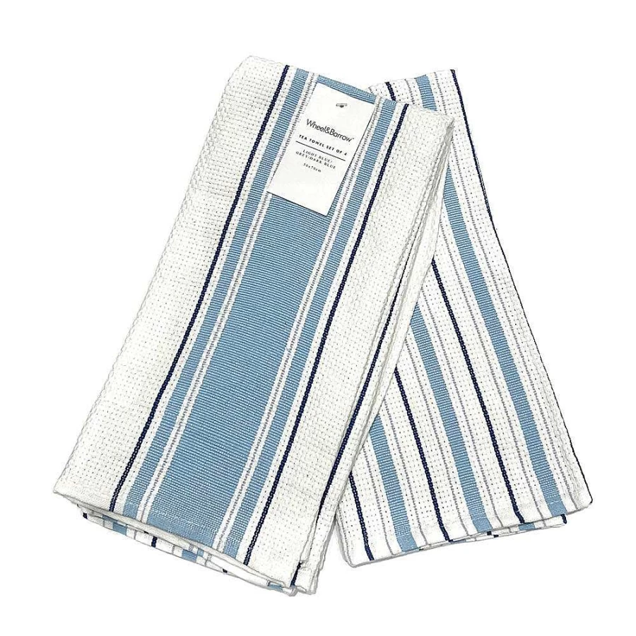 Wheel & Barrow 4-Piece Blue and White Striped Tea Towel Set - Premium Kitchen Linens