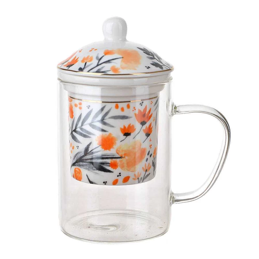 Wheel and Barrow Orange Denim Floral Tea Glass with Lid and Infuser - 300ml Heat-Resistant Borosilicate Glass Teacup for Loose Leaf or Herbal Tea