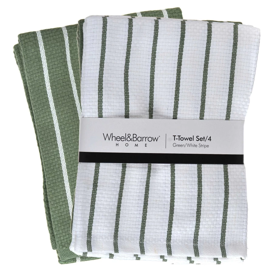 Wheel & Barrow 4-Piece Green and White Striped Tea Towel Set - Kitchen Linens