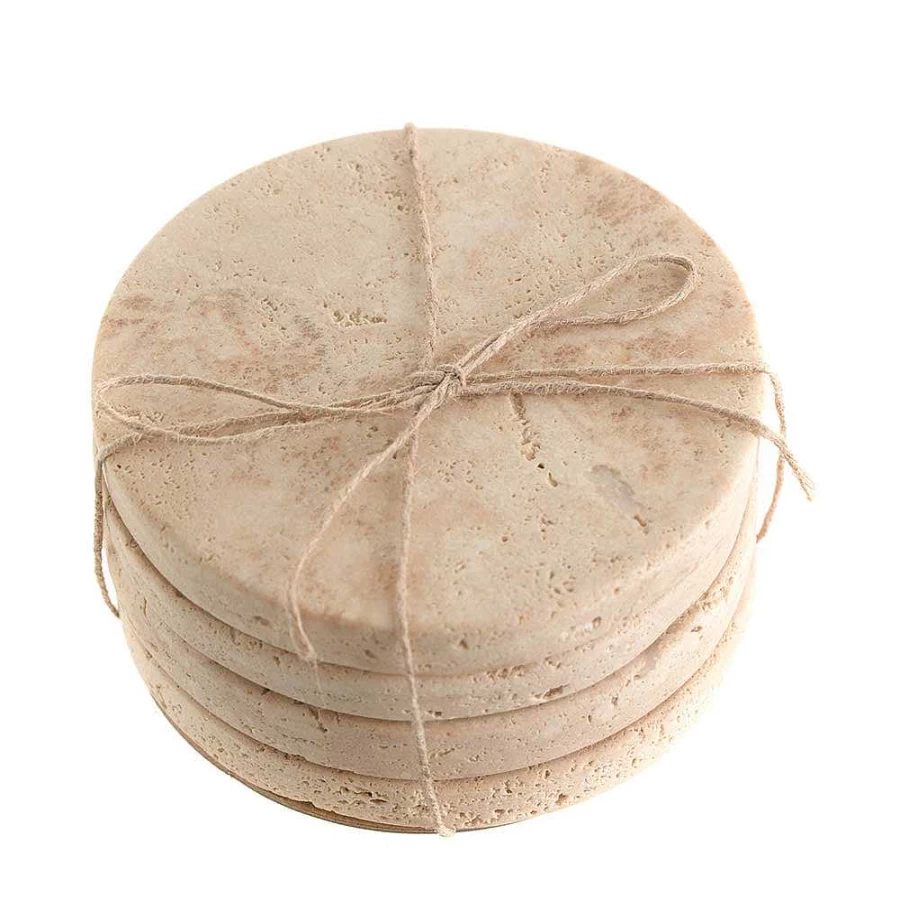 Wheel and Barrow Round Beige Travertine Coasters Set of 4 - Natural Stone Drink Coasters for Home Decor