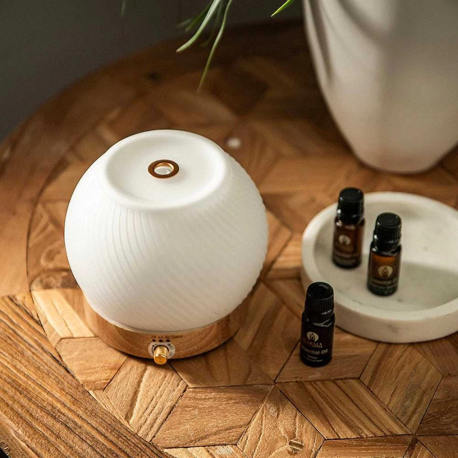 Wheel and Barrow Ultrasonic Essential Oil Diffuser with Ribbed Glass and Wood Base for Aromatherapy