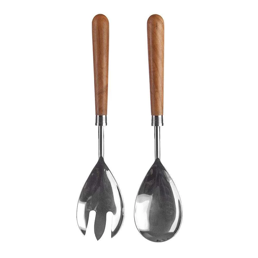 Wheel and Barrow Wooden Salad Server Set with Silver Head - 2 Piece Elegant Serving Utensils
