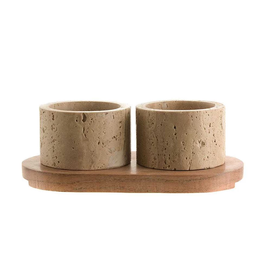Wheel and Barrow Beige Travertine Condiment Set with Acacia Wood – 19x10cm Kitchen Dining Accessories