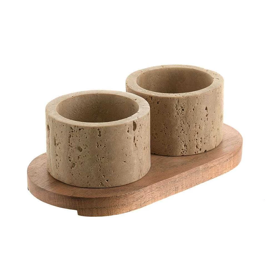 Wheel and Barrow Beige Travertine Condiment Set with Acacia Wood – 19x10cm Kitchen Dining Accessories