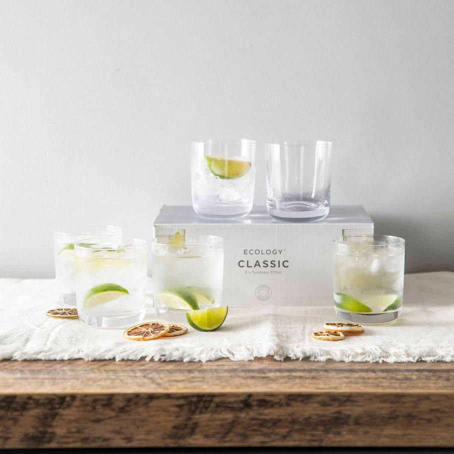 Wheel and Barrow Rona Classic Glass Tumbler Set - 6 Pack, 370ml, Clear Drinking Cups for Beverages