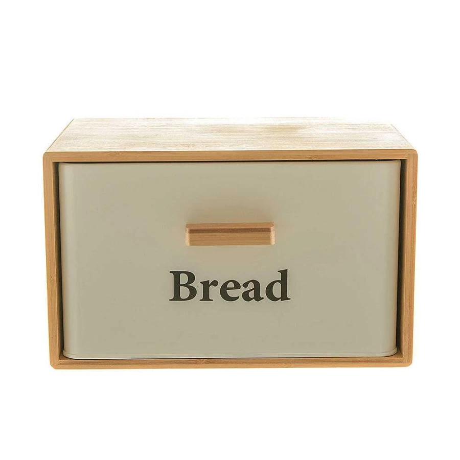 Wheel and Barrow White Metal Bread Bin with Bamboo Cover - 30x23x18cm Kitchen Storage Container