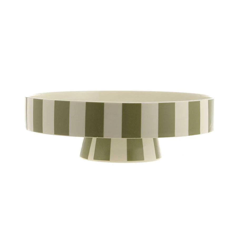 Wheel and Barrow Footed Ceramic Bowl - 22cm Diameter, White and Olive Striped Design - Decorative Serving Dish