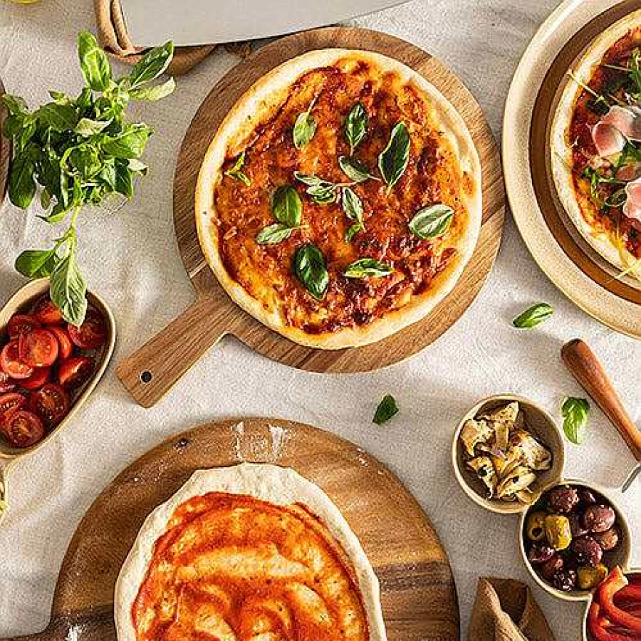 Wheel and Barrow Acacia Wood Pizza Peel and Cutter Set - 45cm Natural Wooden Pizza Paddle with Stainless Steel Cutter