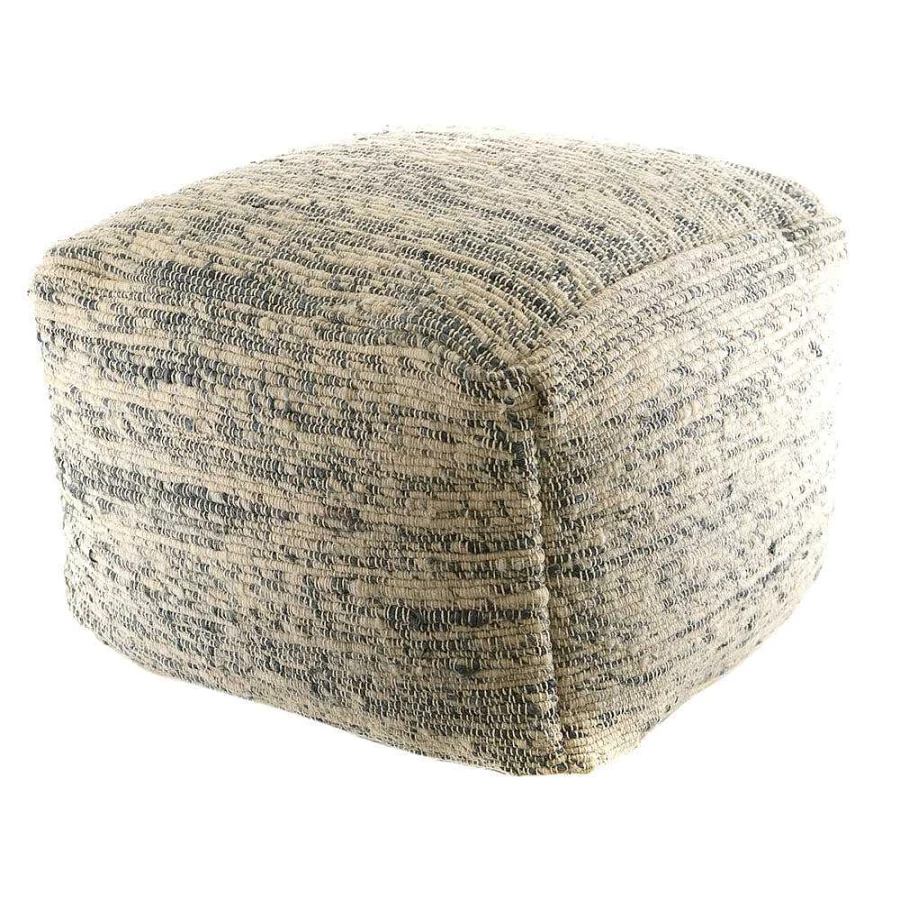 Wheel and Barrow Square Pouf Ottoman - Natural & Grey Footstool - 50x50x35cm Stylish Home Decor