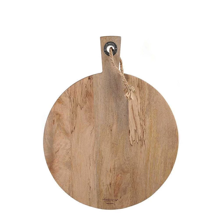 "Wheel and Barrow Round Mango Wood Cutting Board - 45cm Diameter, 2.5cm Thick, Natural Kitchen Serving Board"