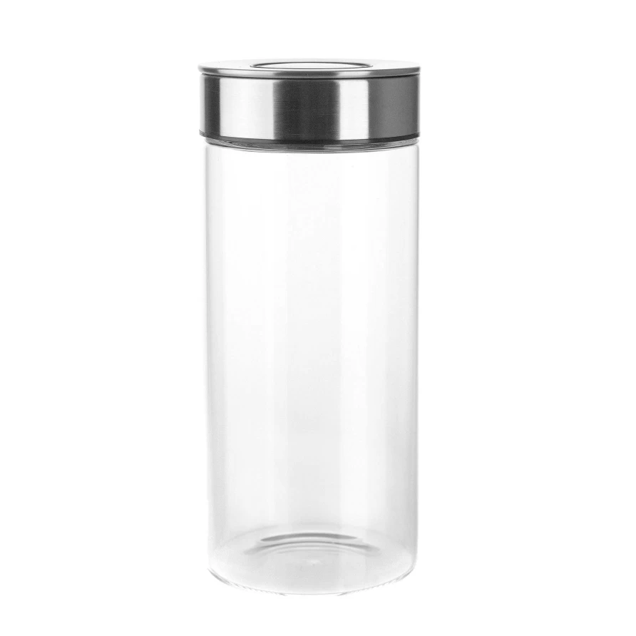 Wheel and Barrow 1.3L Glass Storage Jar with Stainless Steel Airtight Press Lid - Large Kitchen Pantry Container for Food, Coffee, Tea, and Dry Goods