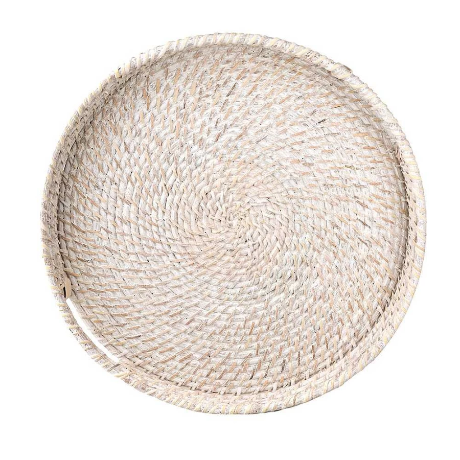 Wheel and Barrow White Washed Medium Rattan Tray - 40x6cm Natural Weave Basket