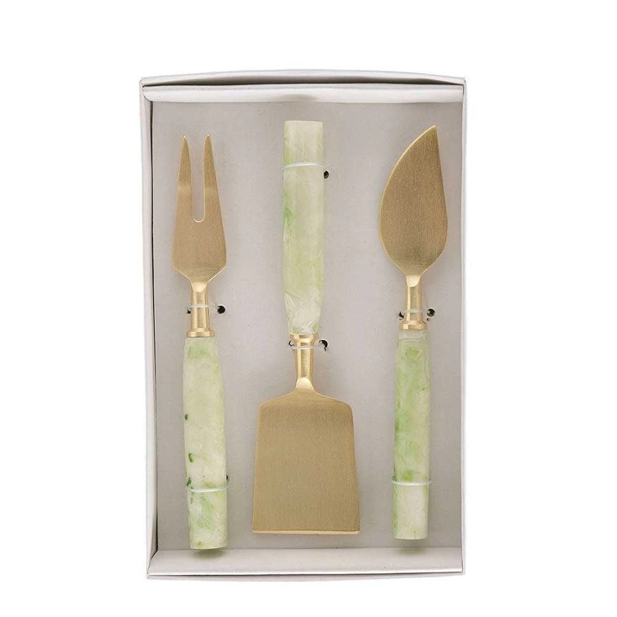 Wheel and Barrow 3-Piece Gold Cheese Knife Set with Green Resin Handles for Gourmet Cheese Serving