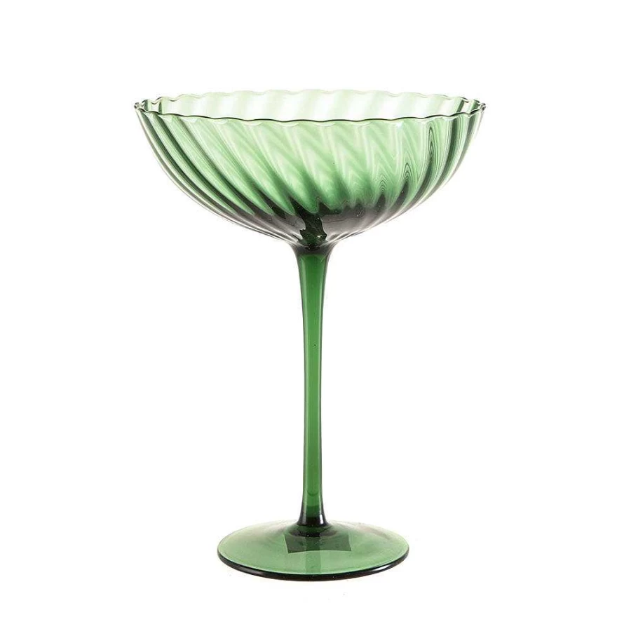 Wheel and Barrow Emerald Green Swirl Coupe Glass - 420ml Elegant Drinking Cup for Cocktails and Beverages